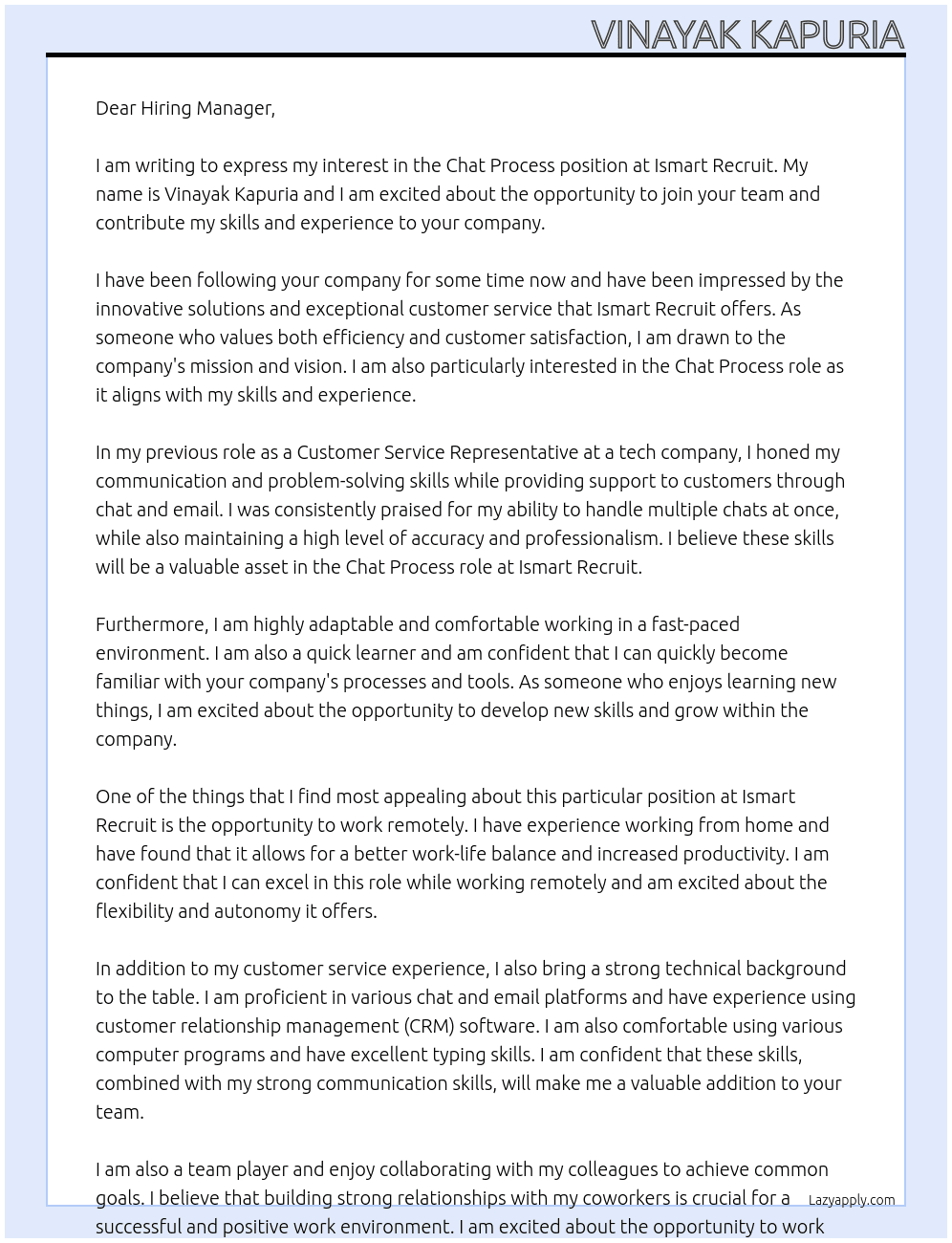 Chat process  At Ismart recruit Cover Letter