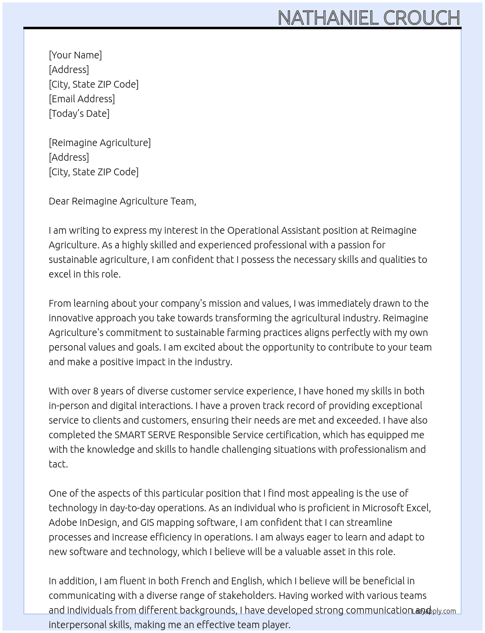 Operational Assistant At Reimagine Agriculture Cover Letter