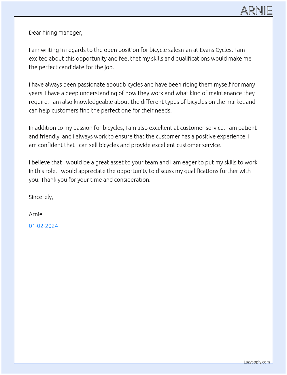 bicycle salesman At evans cycles Cover Letter