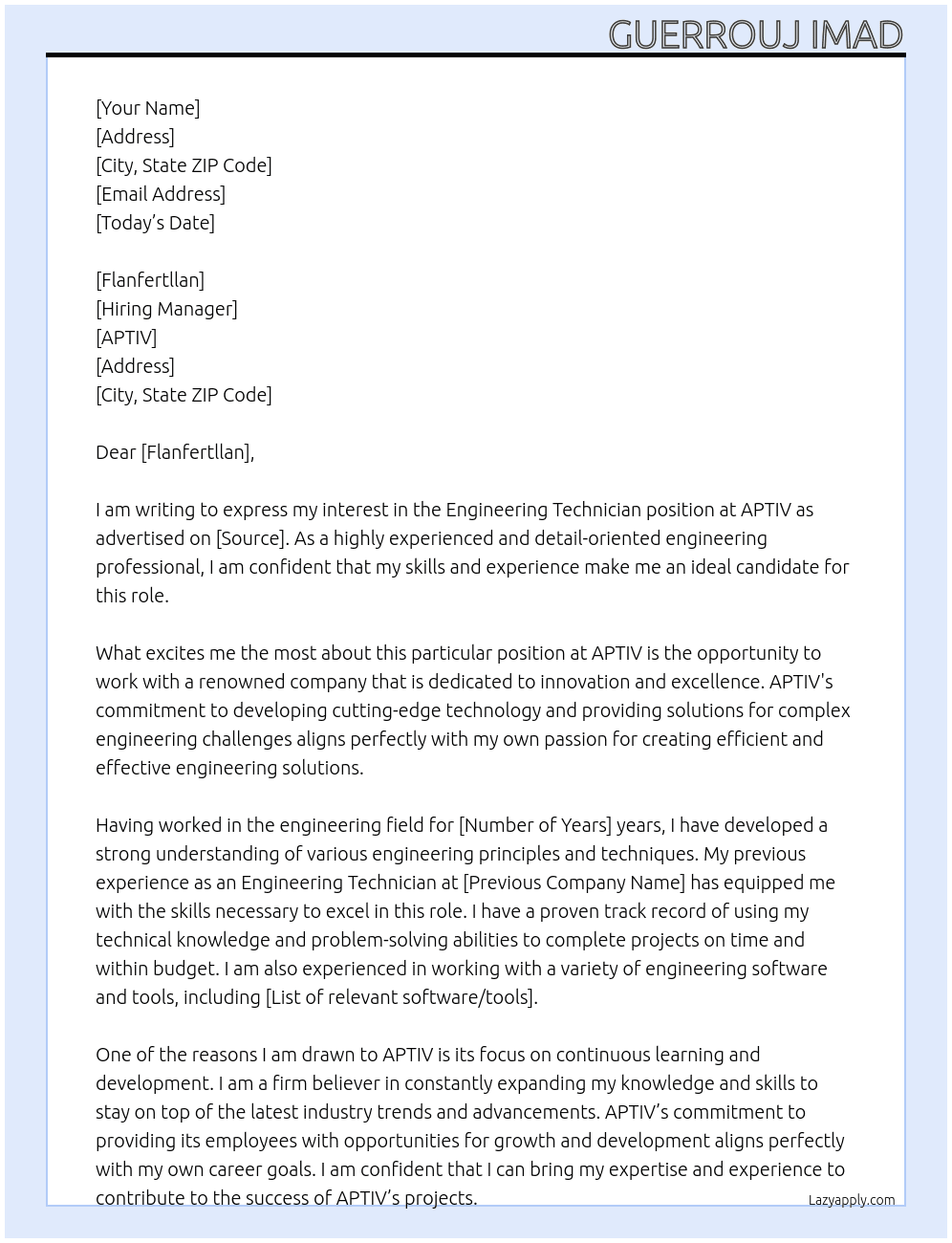 engineering technician  At APTIV Cover Letter