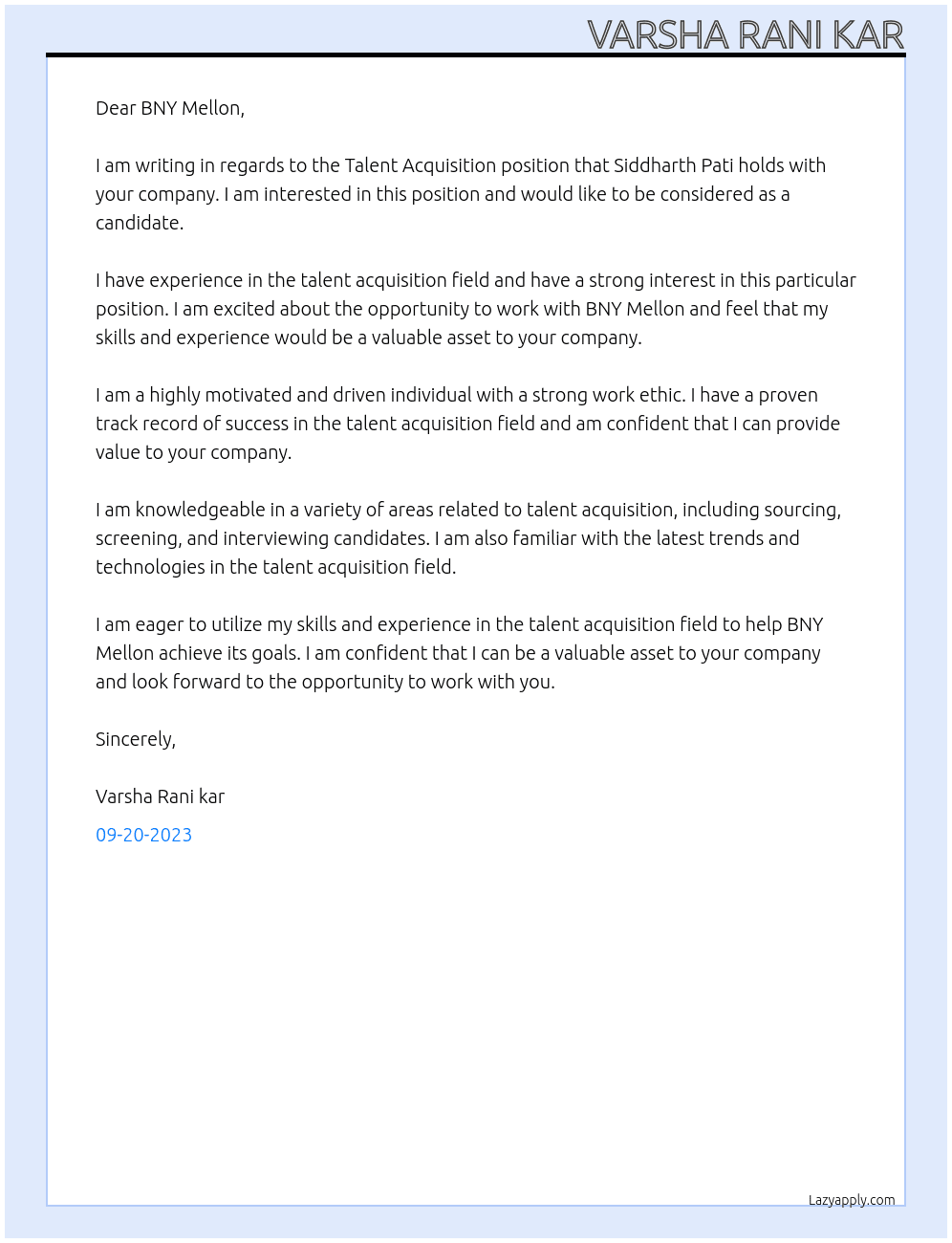 Talent Acquisition At BNY mellon Cover Letter