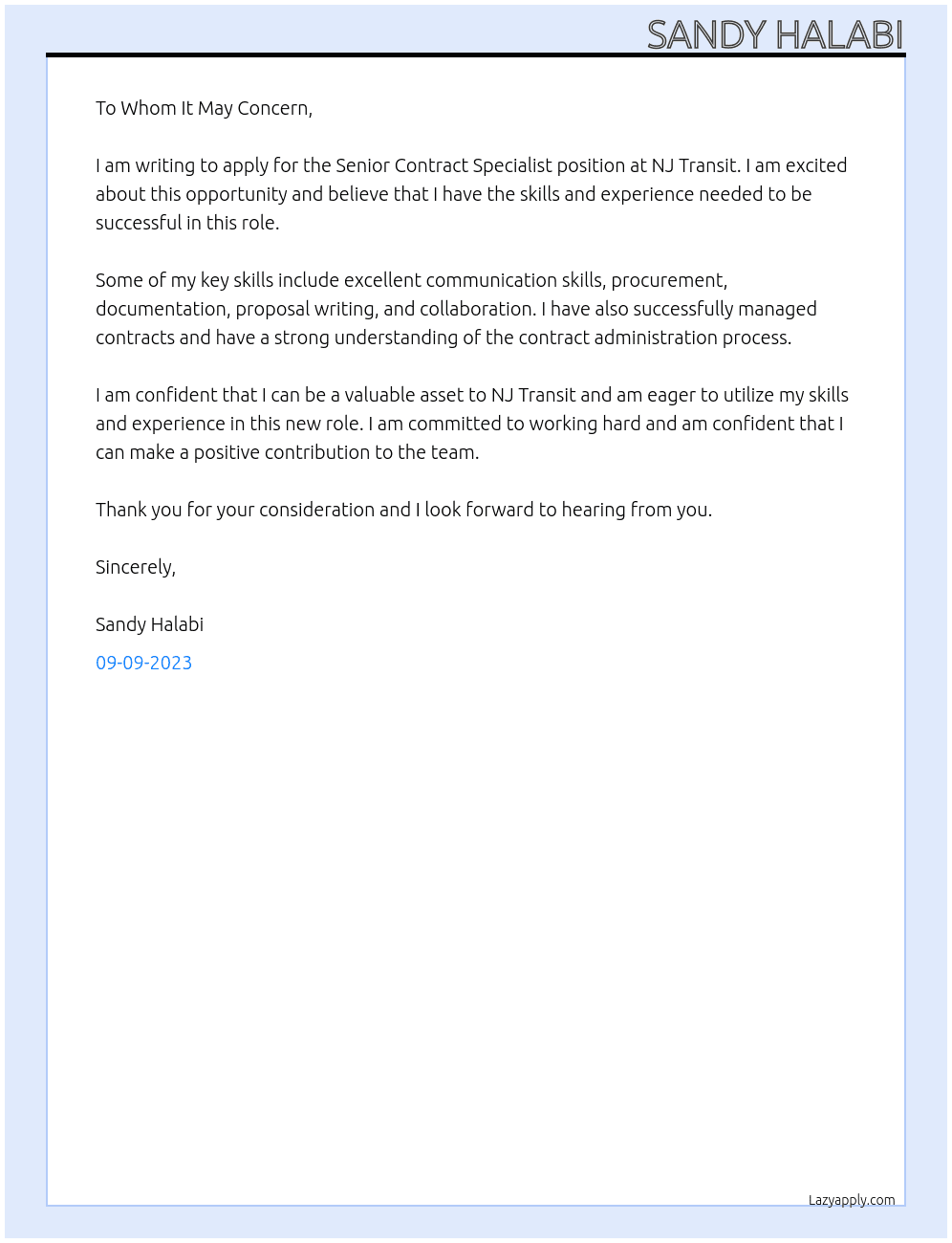 Senior contract specialist  At NJ Transit Cover Letter