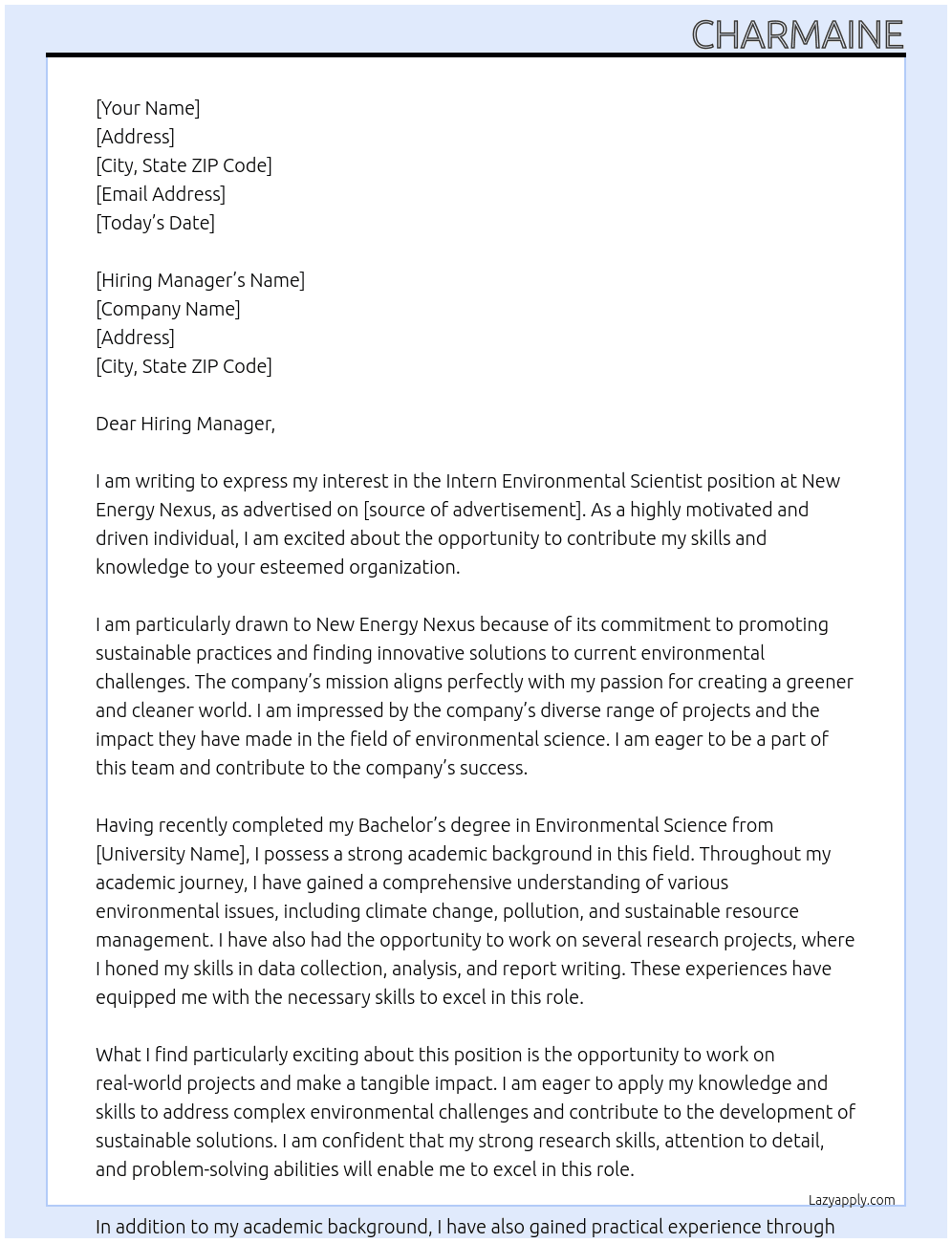 Intern Environmental Scientist  At New energy nexus Cover Letter