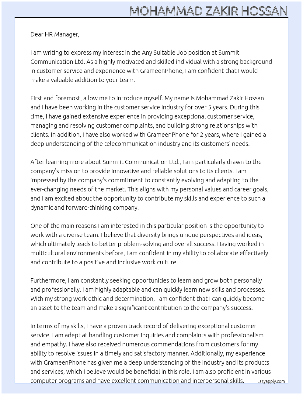 Any suitable job At Summit Communication Ltd. Cover Letter