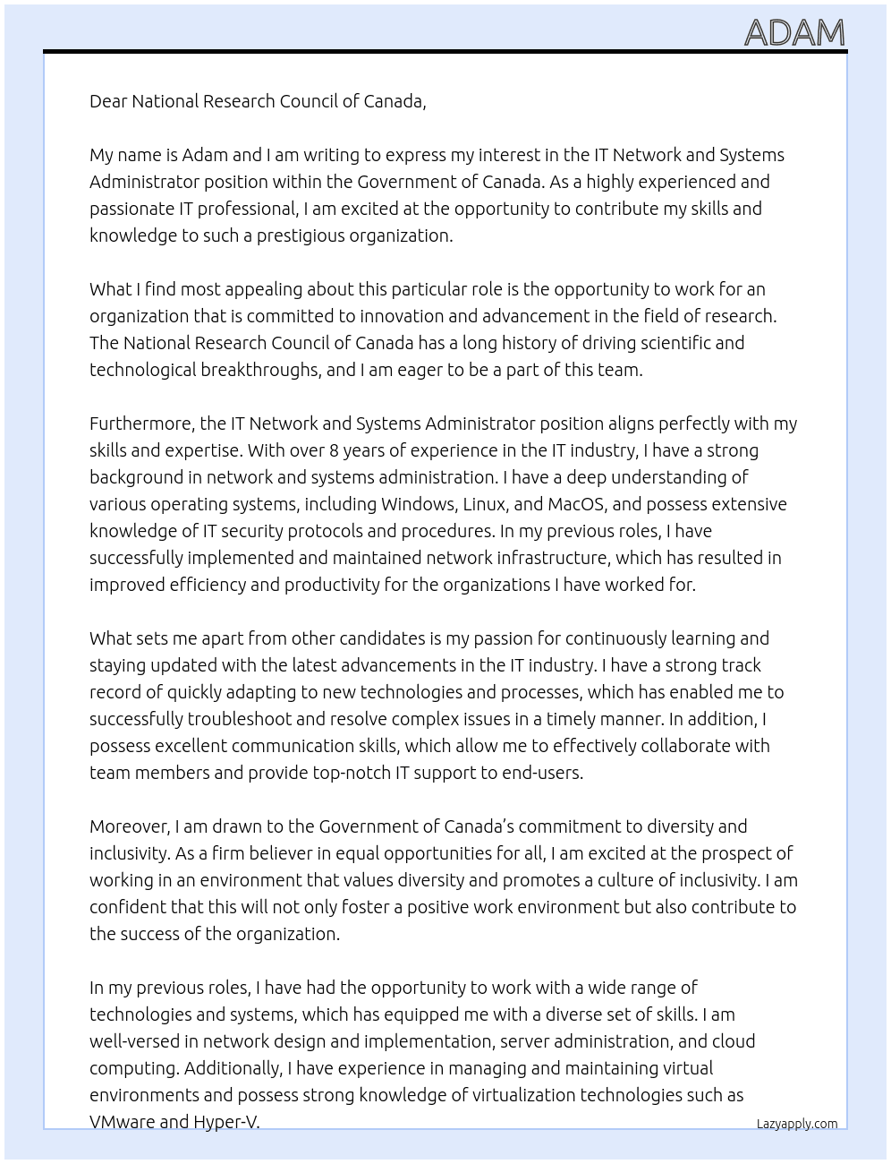 IT Network and Systems Administrator At Government of Canada Cover Letter