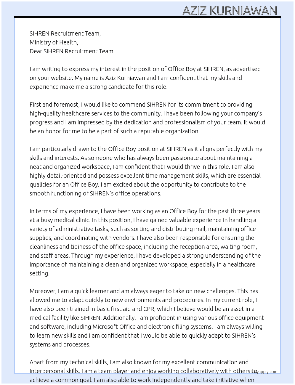 OFFICE BOY  At SIHREN Cover Letter