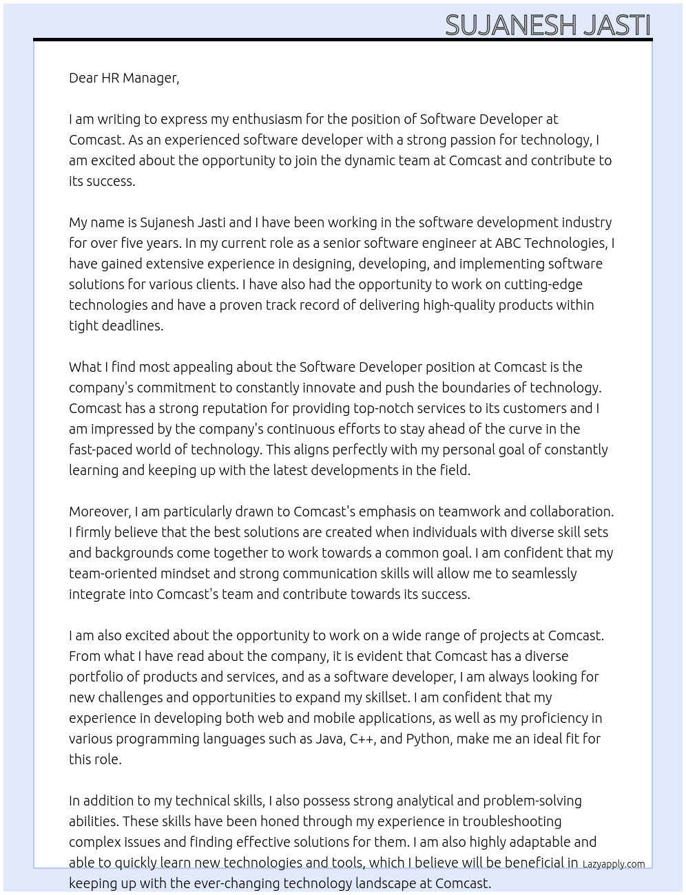 Software developer At Comcast Cover Letter