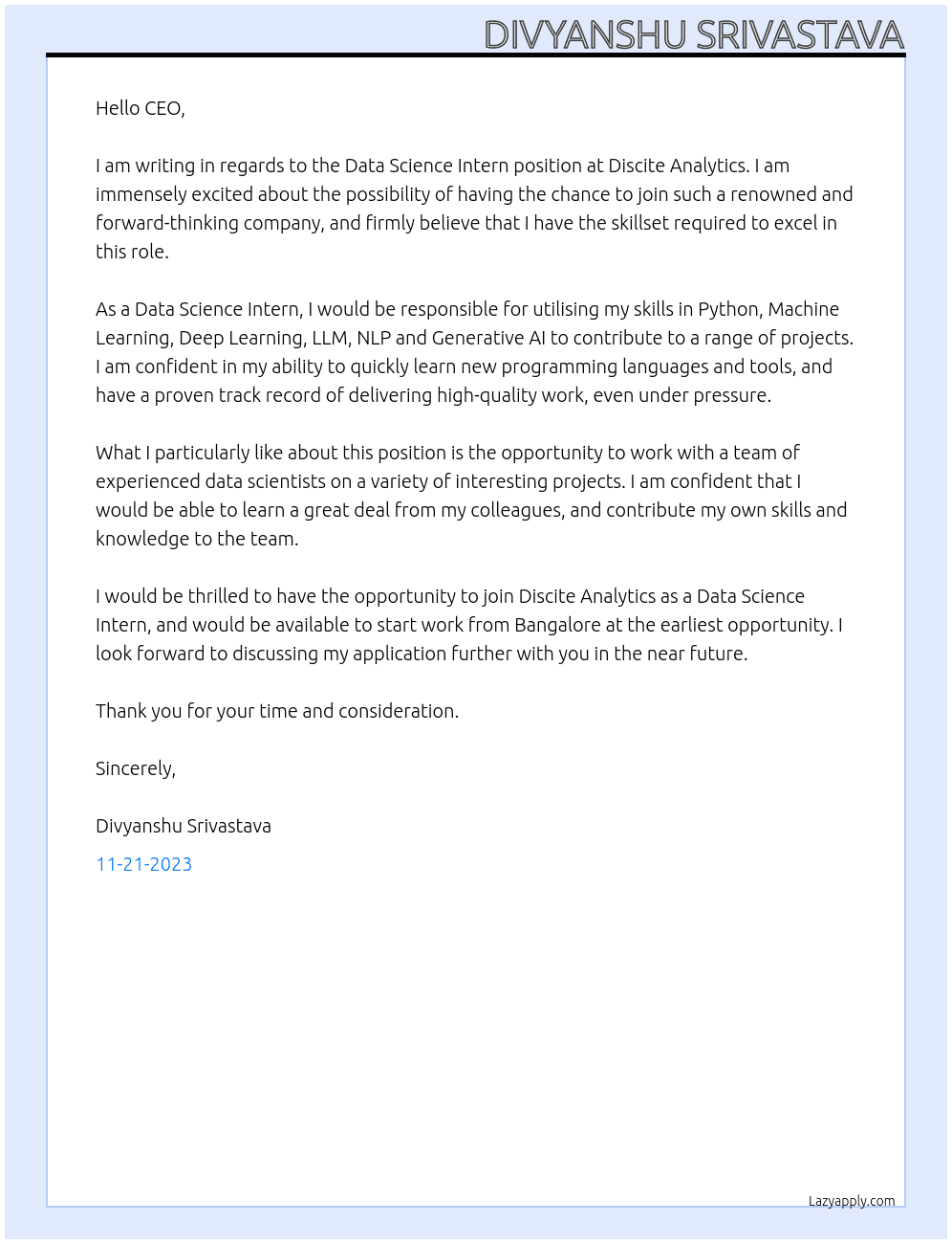 Data Science Intern At Discite Analytics Cover Letter