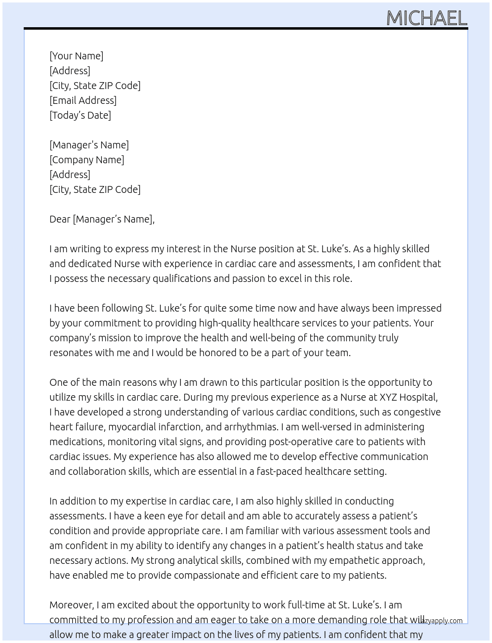 Nurse  At St lukes  Cover Letter