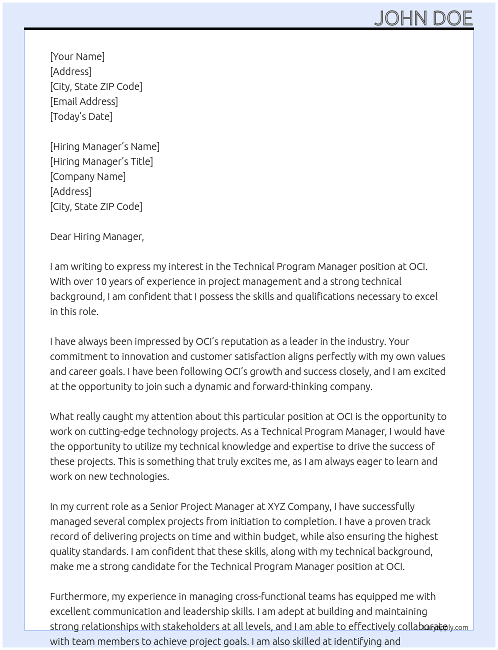 Technical Program Manager  At OCI Cover Letter