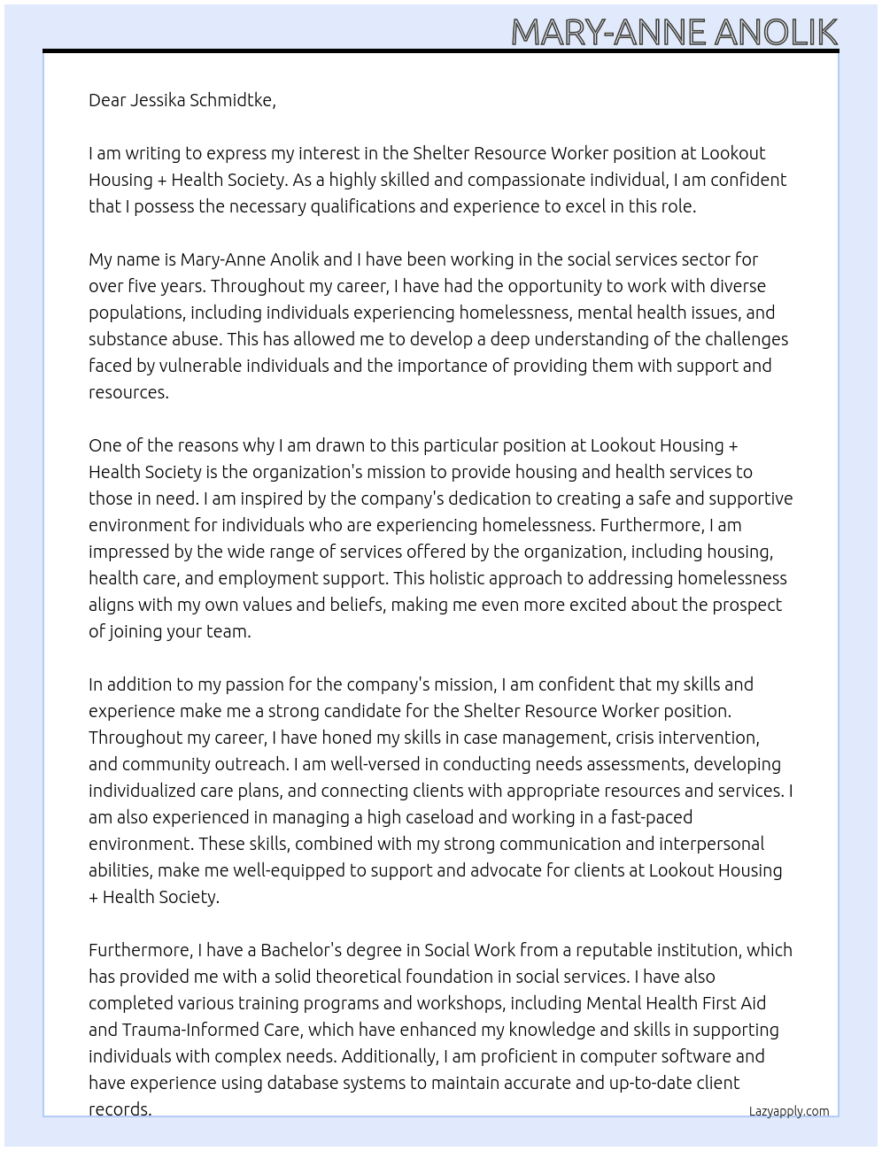 Shelter Resource Worker (Grid 21) At Lookout Housing + Health Society Cover Letter