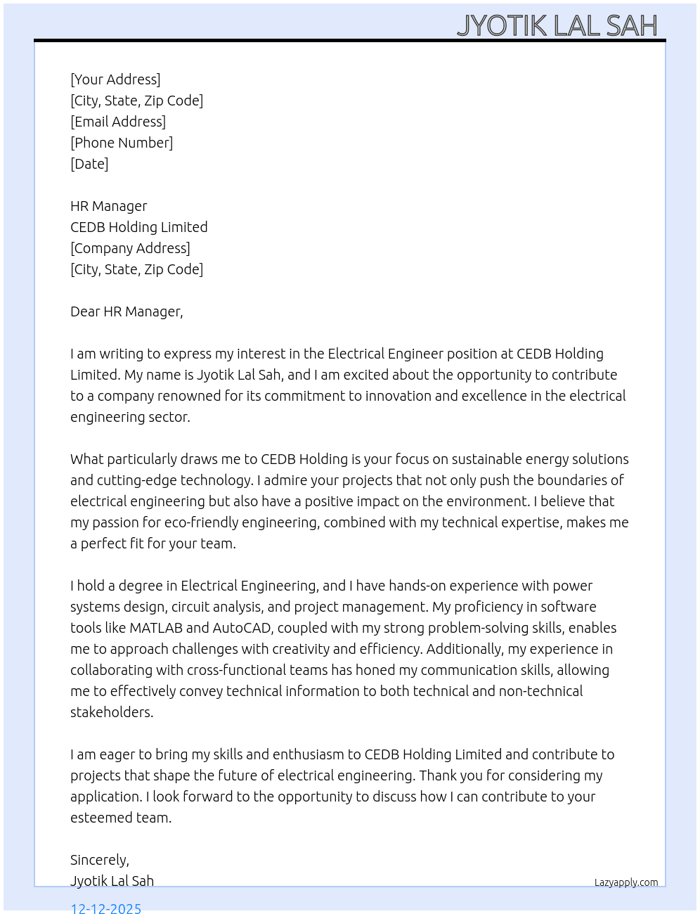 Electrical Engineer  At CEDB Holding Limited  Cover Letter