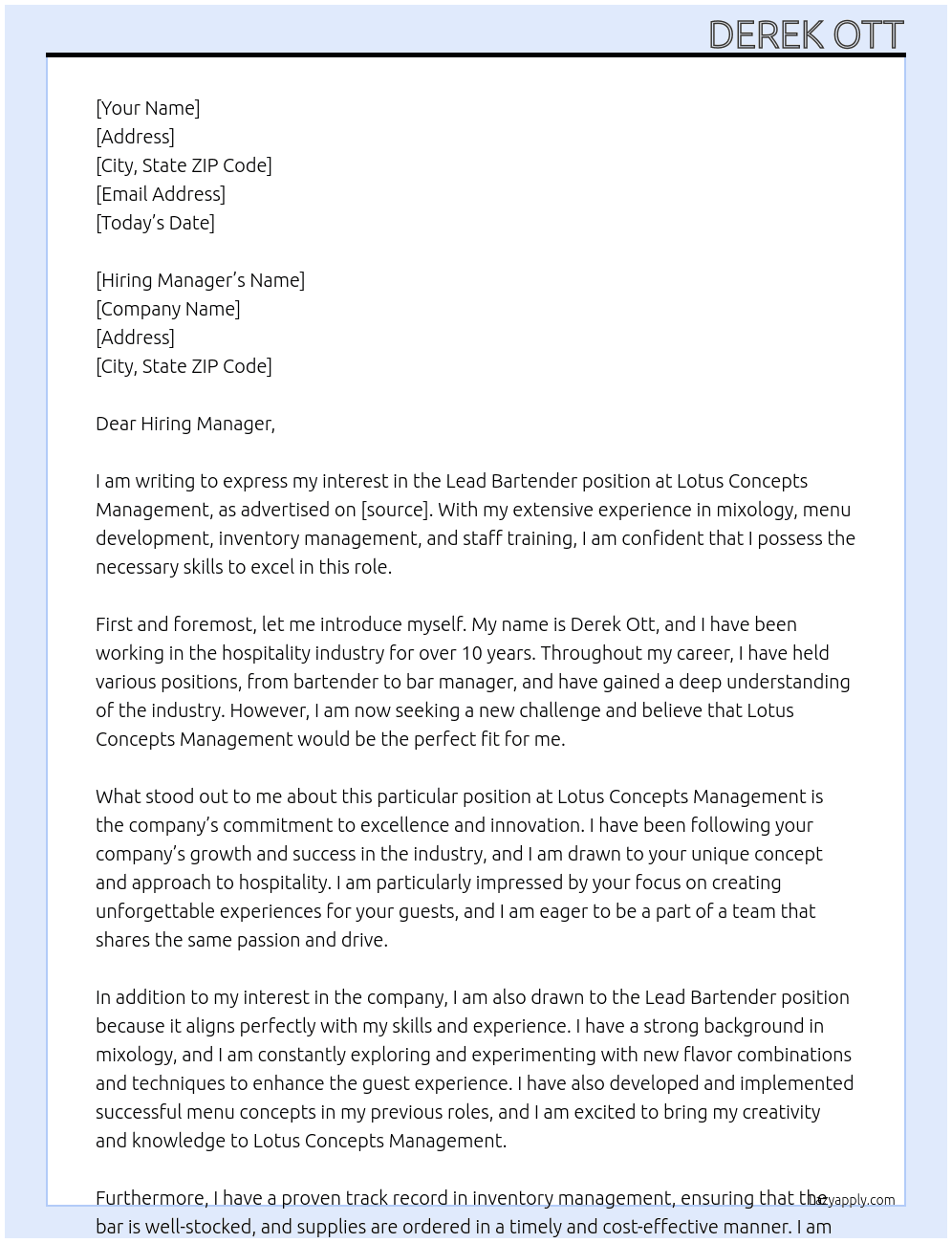 Lead Bartender At Lotus Concepts Management Cover Letter