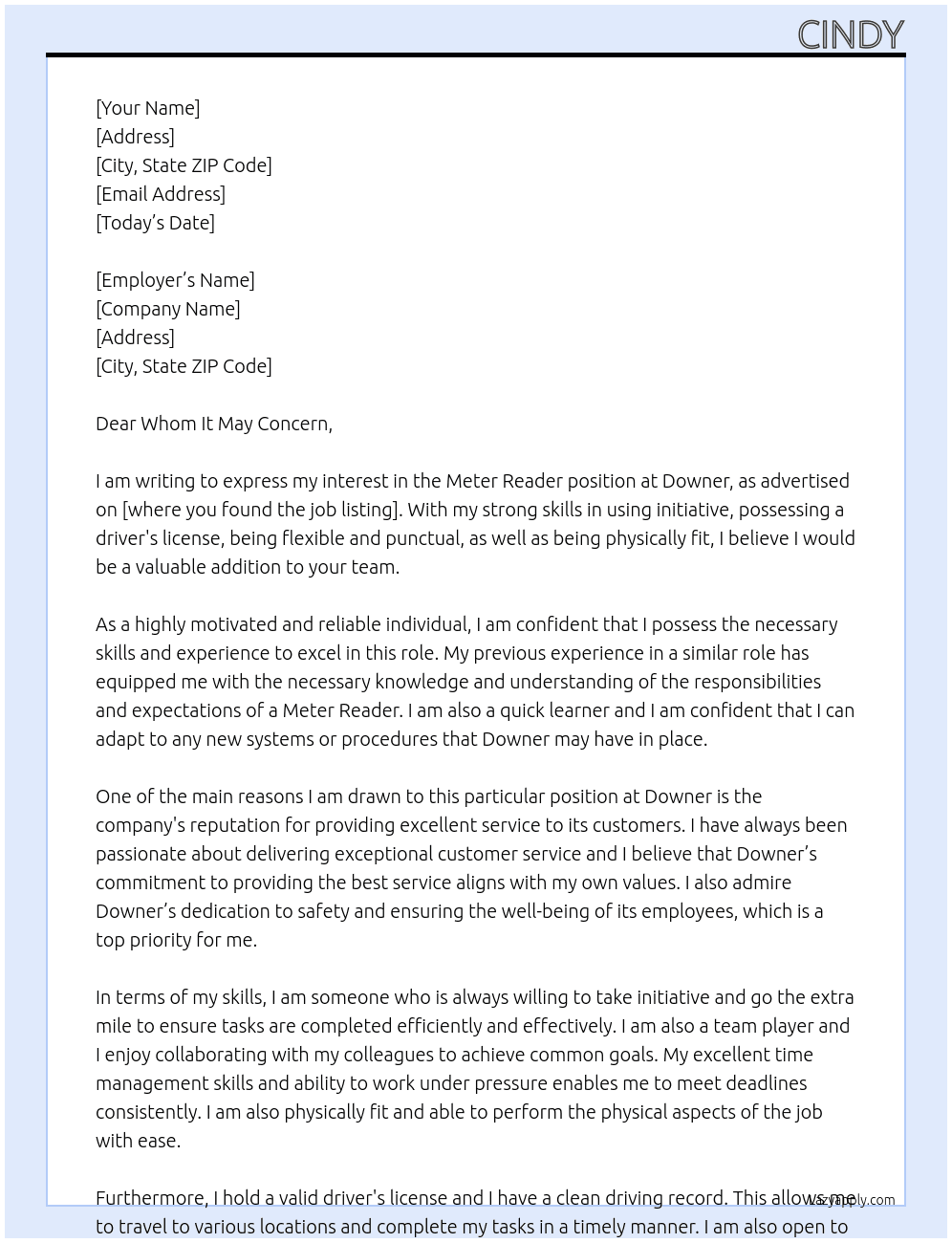 Meter reader At Downer Cover Letter