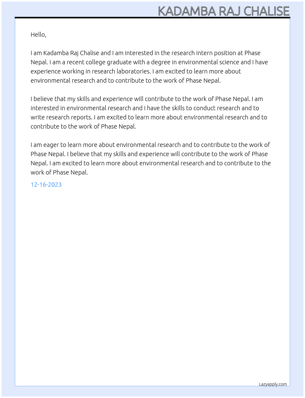 Research intern At Phase nepal Cover Letter