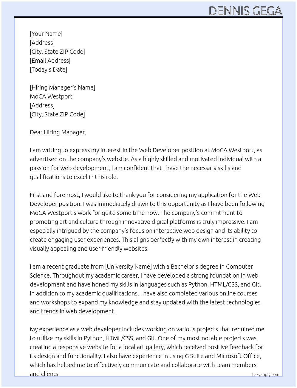 Web Developer At MoCA Westport Cover Letter