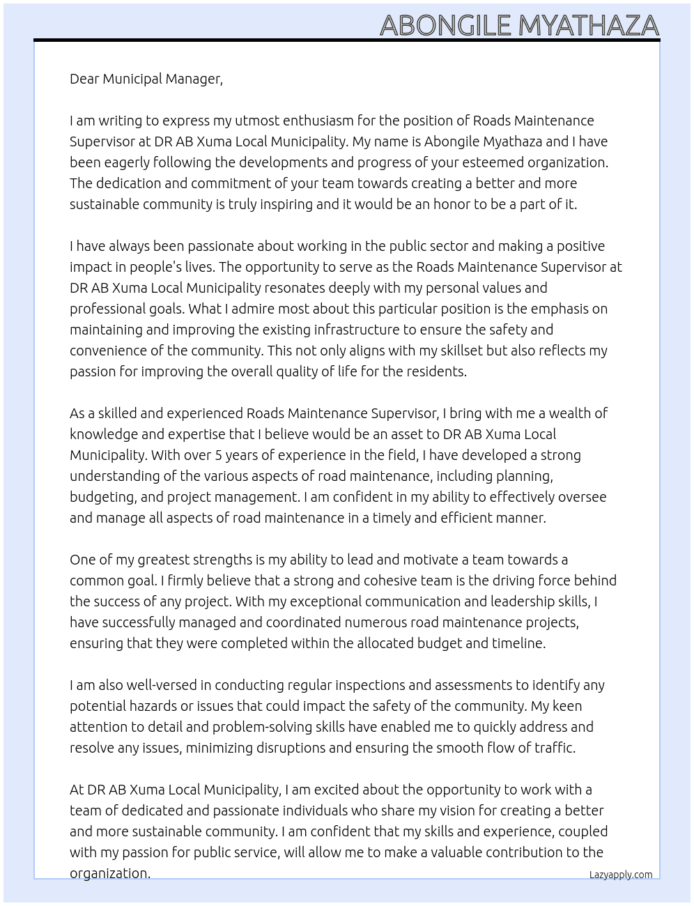 Roads Maintanance supervisor At DR AB Xuma Local Municipality Cover Letter