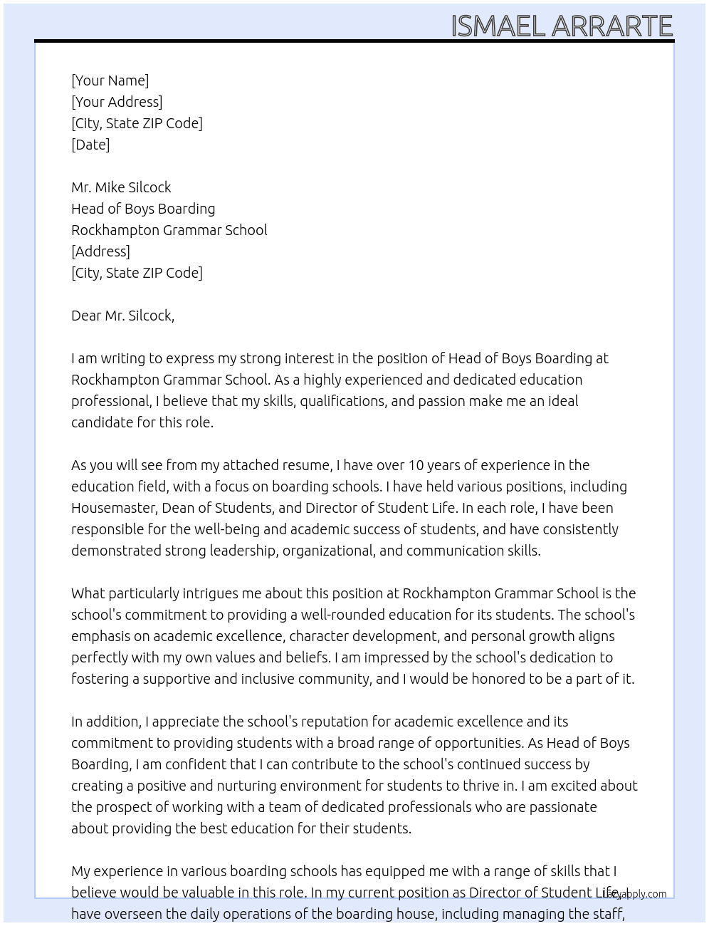 head of boys boarding At Rockhampton Grammar School Cover Letter