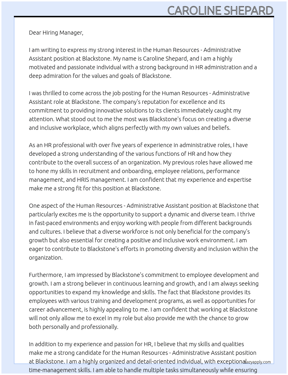 Human Resources - Administrative Assistant At Blackstone Cover Letter