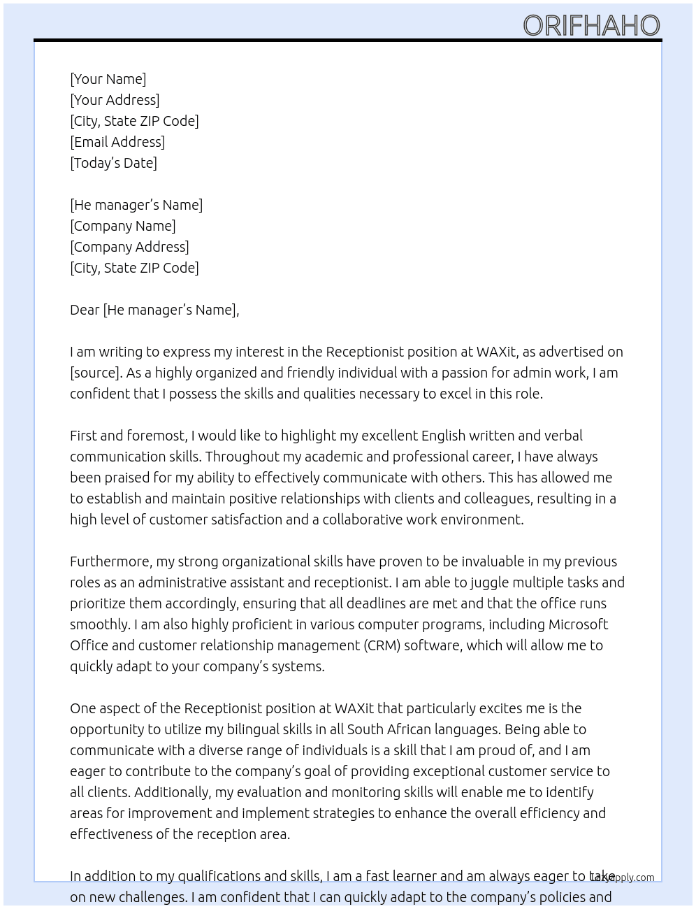 Receptionist  At WAXit Cover Letter