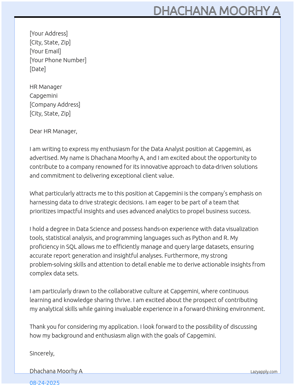 Data Analyst At Capegemini Cover Letter