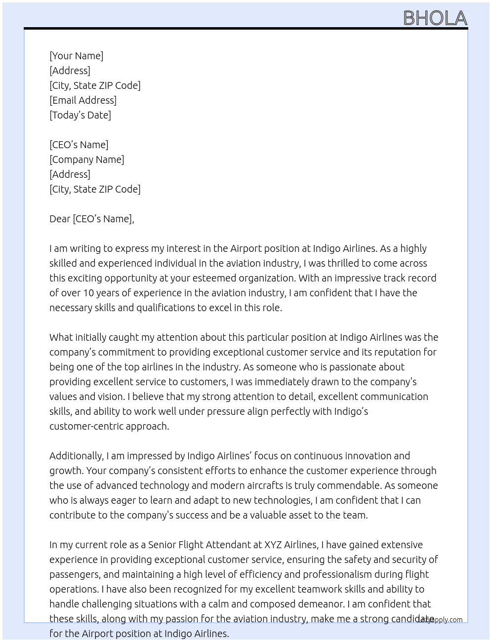 Airport  At Indigo airlines  Cover Letter