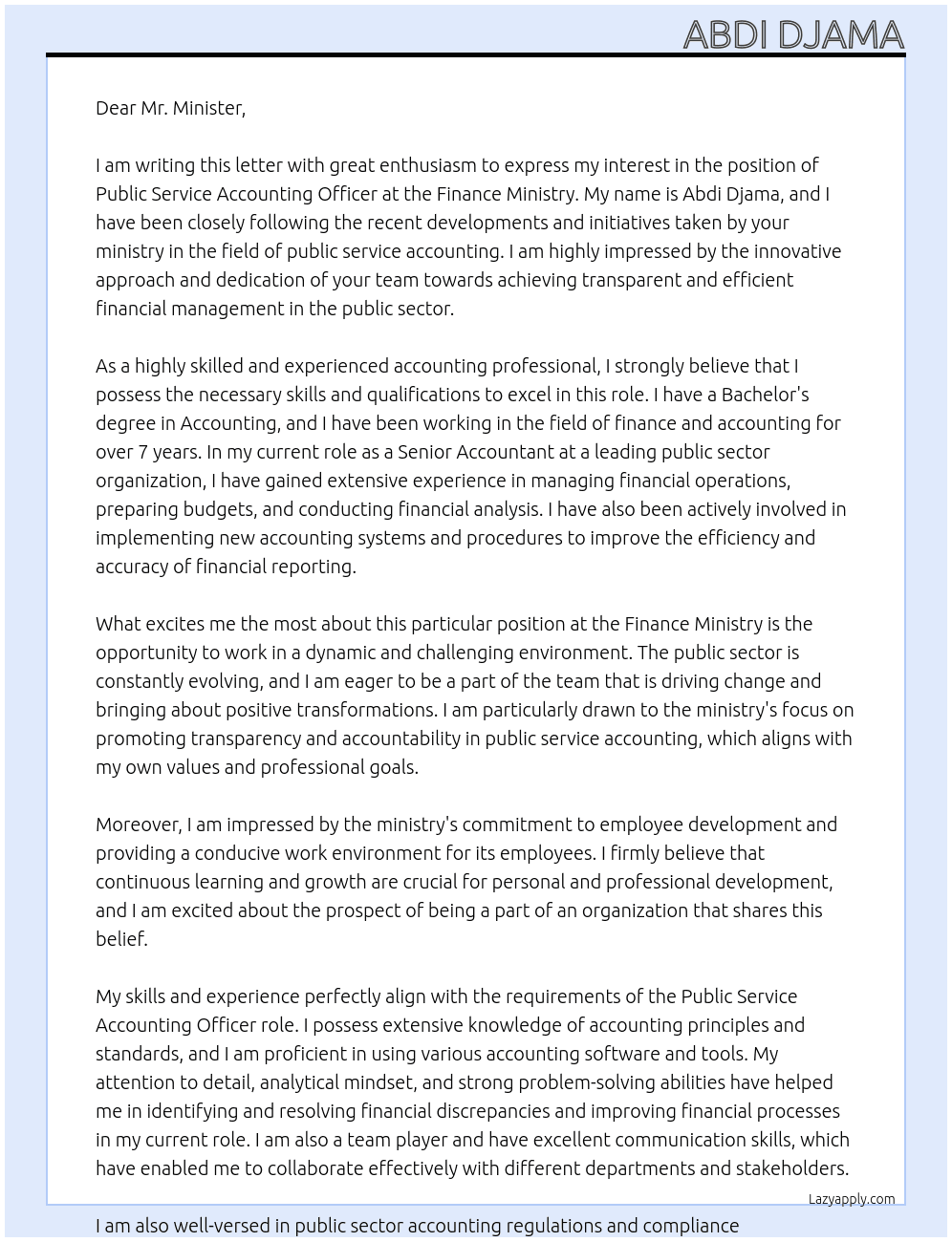 Public Service Accounting Officer At Finance ministery Cover Letter