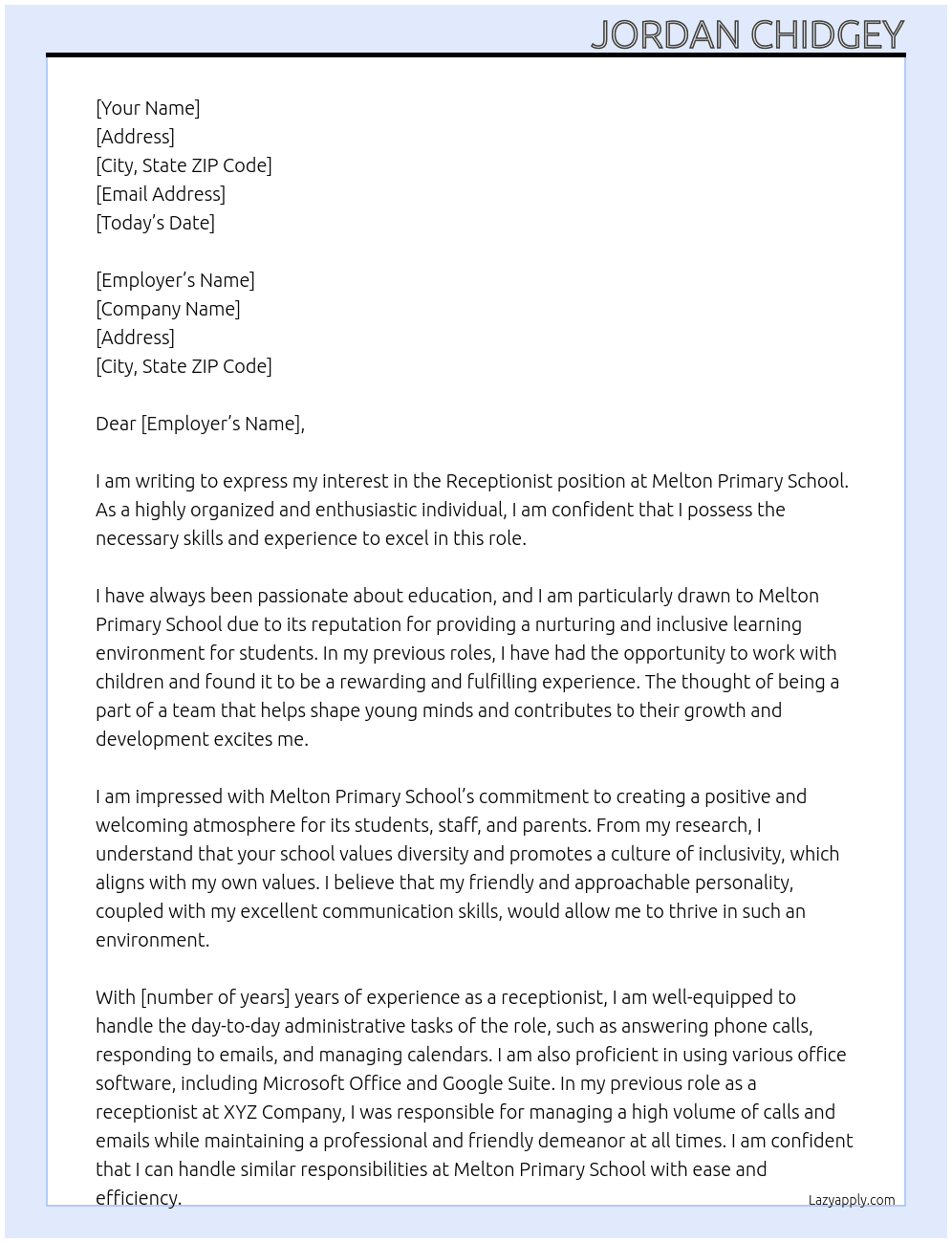 Receptionist At Melton Primary School Cover Letter