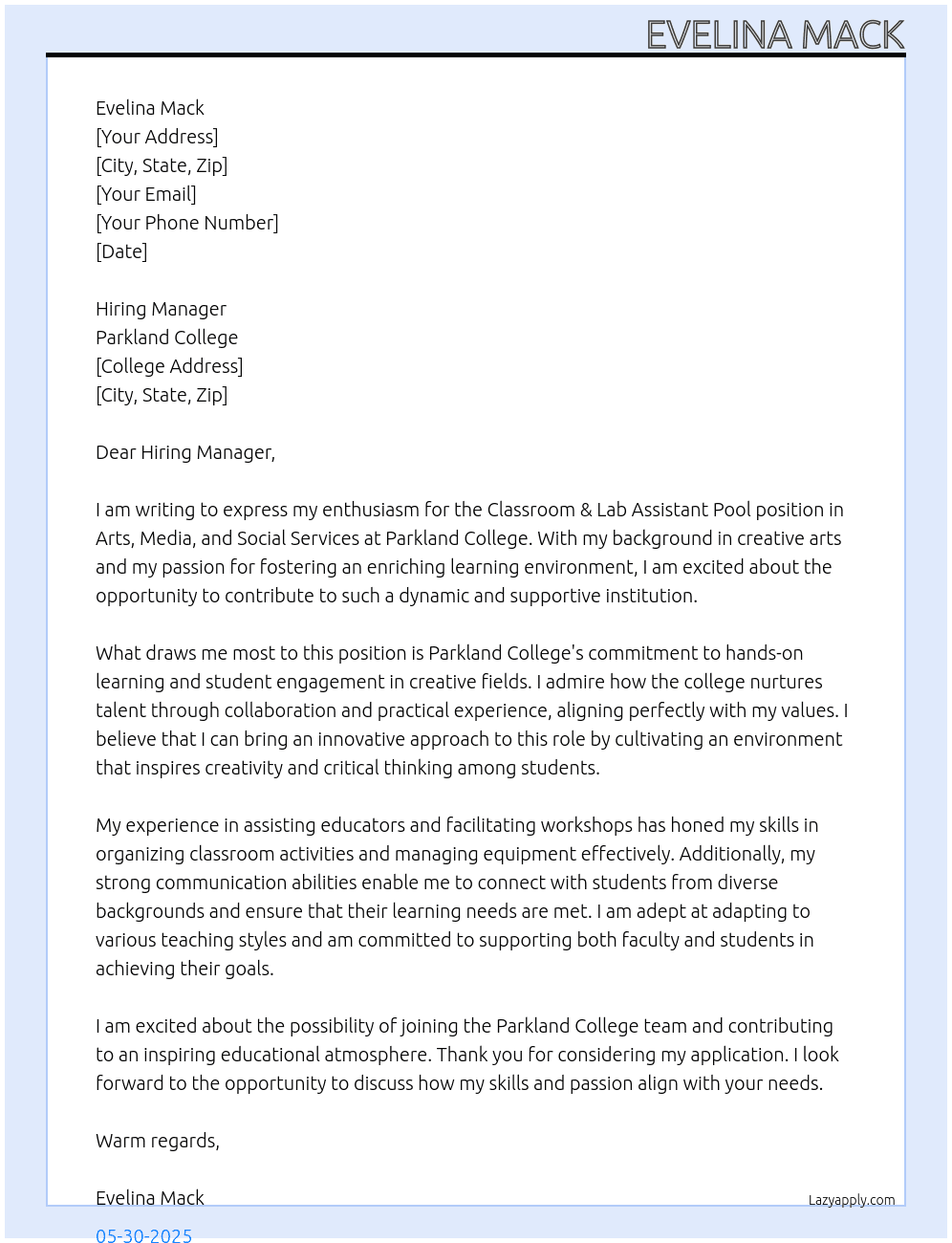 Classroom & Lab Assistant Pool - Arts, Media, and Social Services At Parkland College Cover Letter