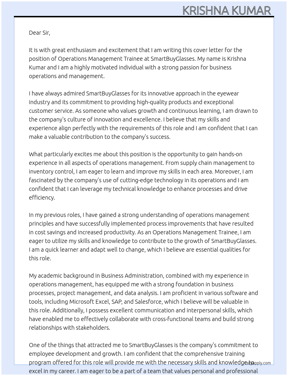 Operations Management Trainee  At SmartBuyGlasses Cover Letter