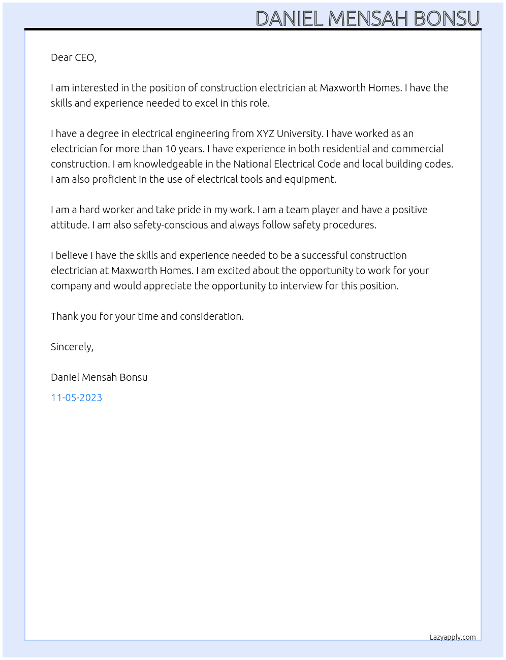 Construction Electrician At Maxworth homes Cover Letter
