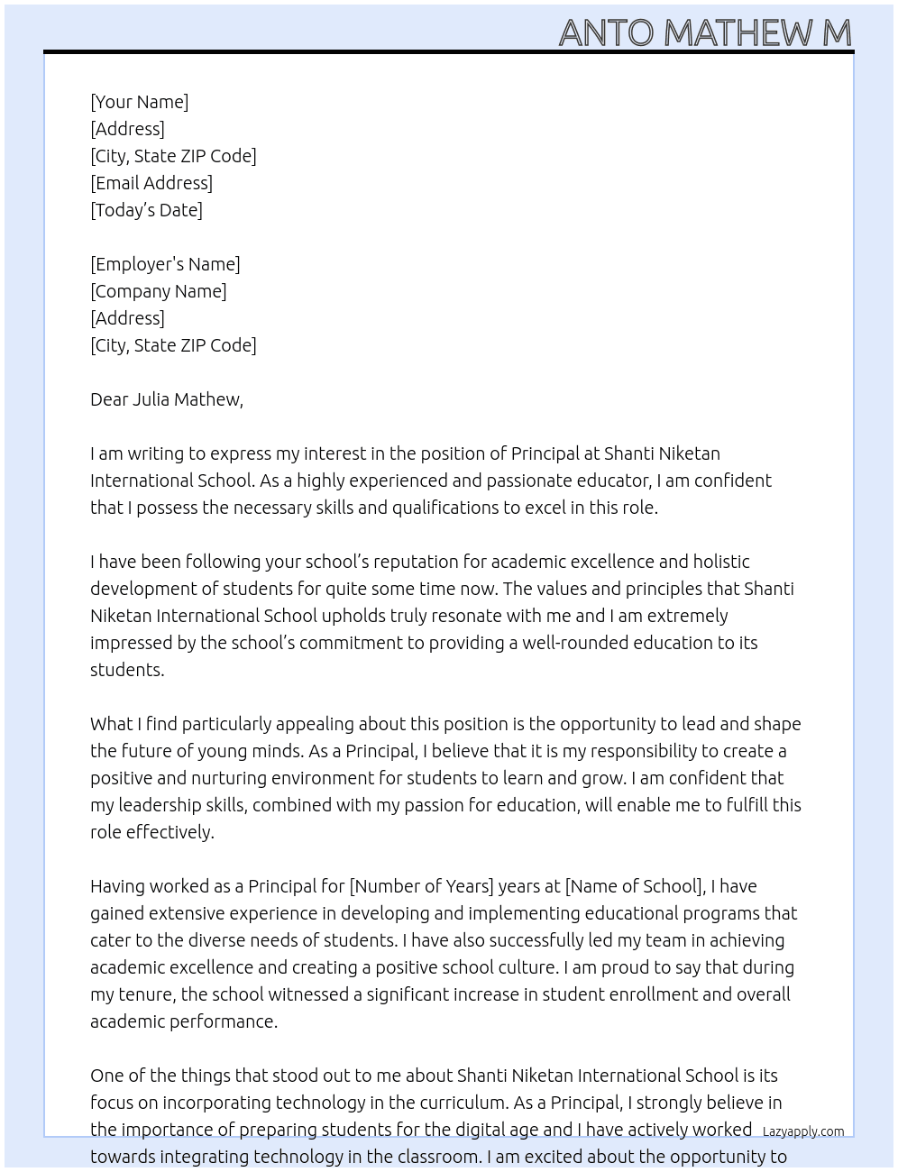 Principal At Shanti Niketan International School Cover Letter
