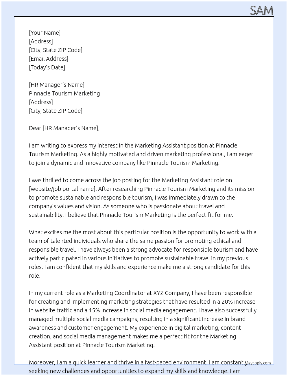 Marketing Assistant At Pinnacle Tourism Marketing Cover Letter