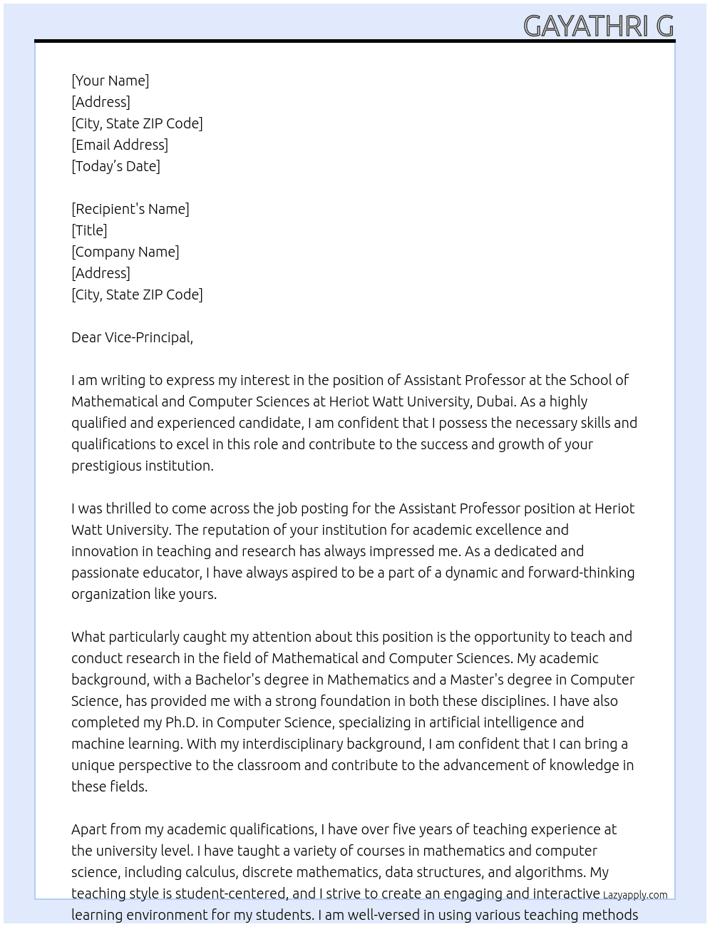 Assistant professor At School of Mathematical and Computer Sciences, Heriot Watt University, Dubai Cover Letter