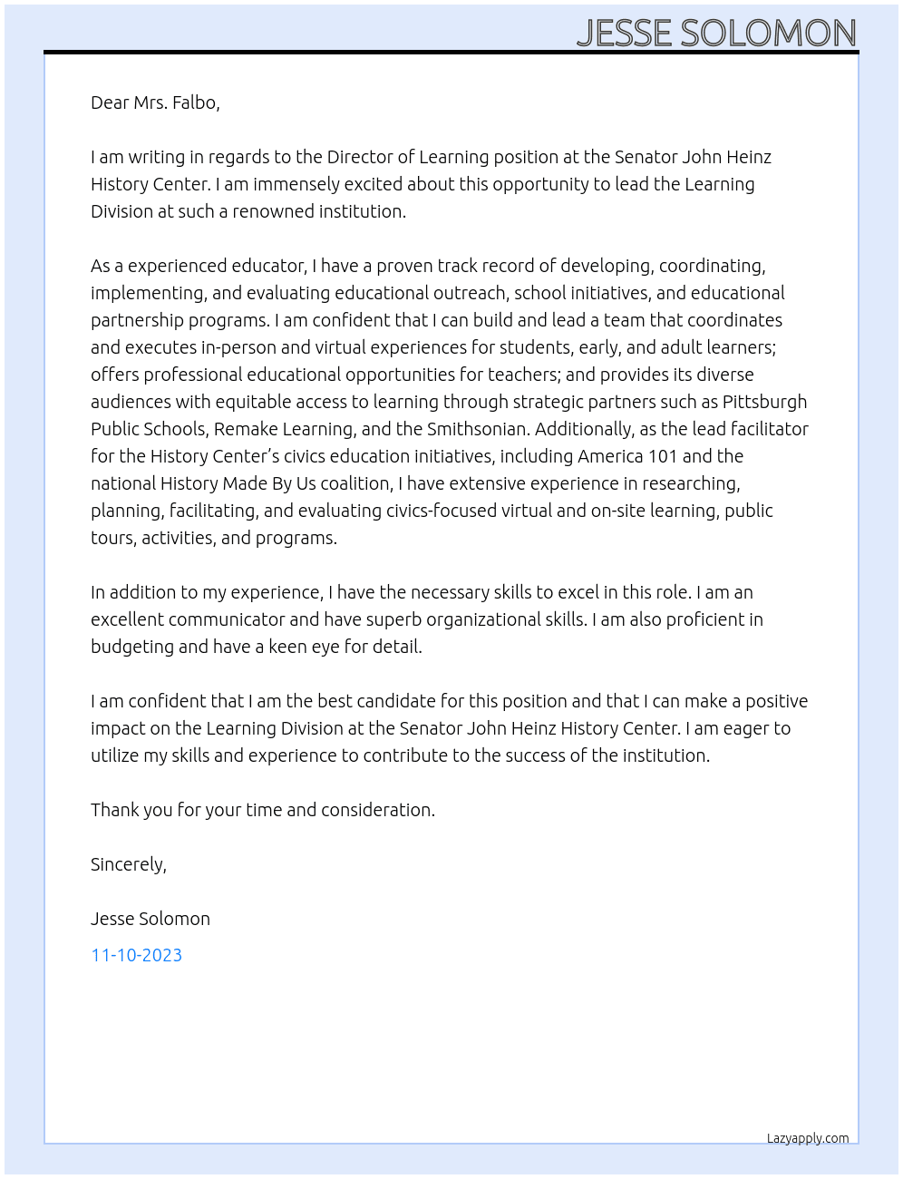 Director of Learning  At Senator John Heinz History Center - Pittsburgh, PA Cover Letter