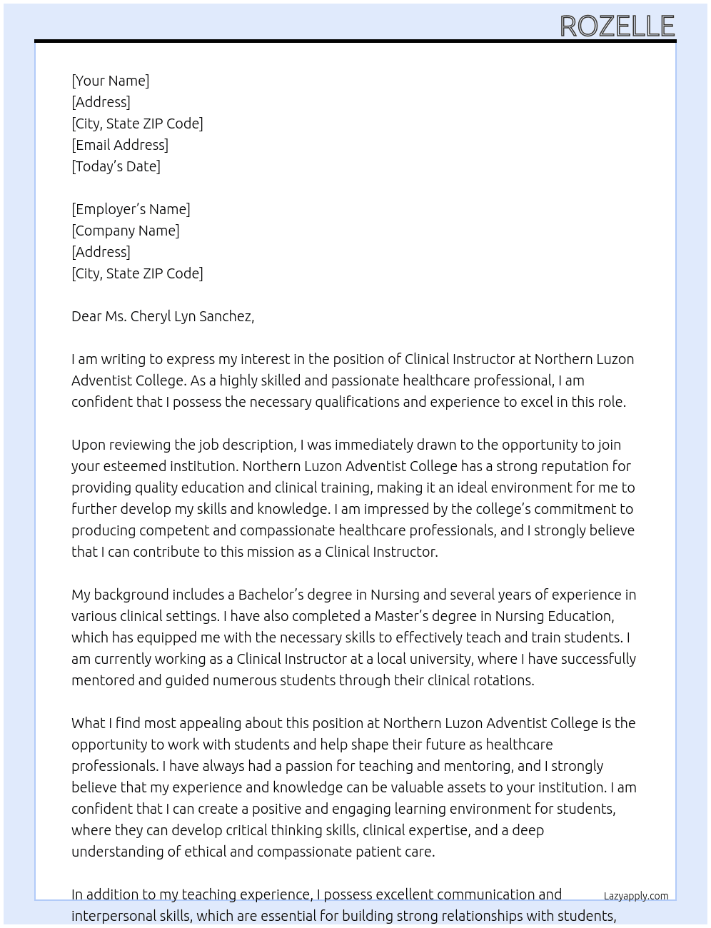 Clinical Instructor  At Northern Luzon Adventist College  Cover Letter