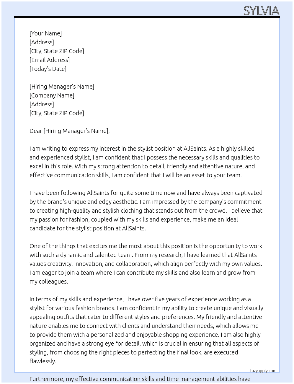 stylist At allsaints Cover Letter