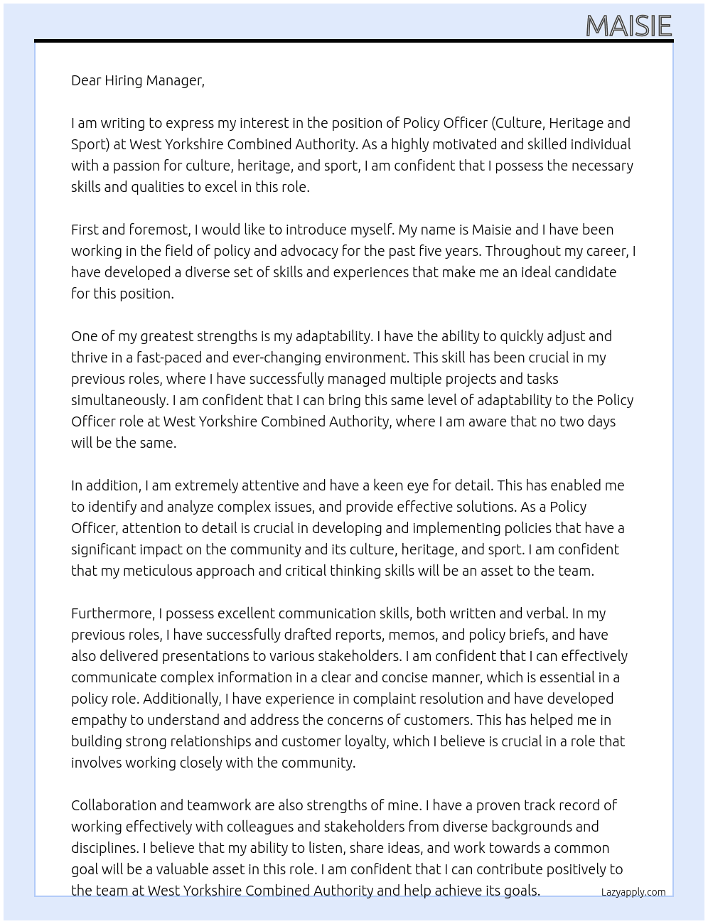 Policy Officer (Culture, Heritage and Sport) At West Yorkshire Combined Authority Cover Letter