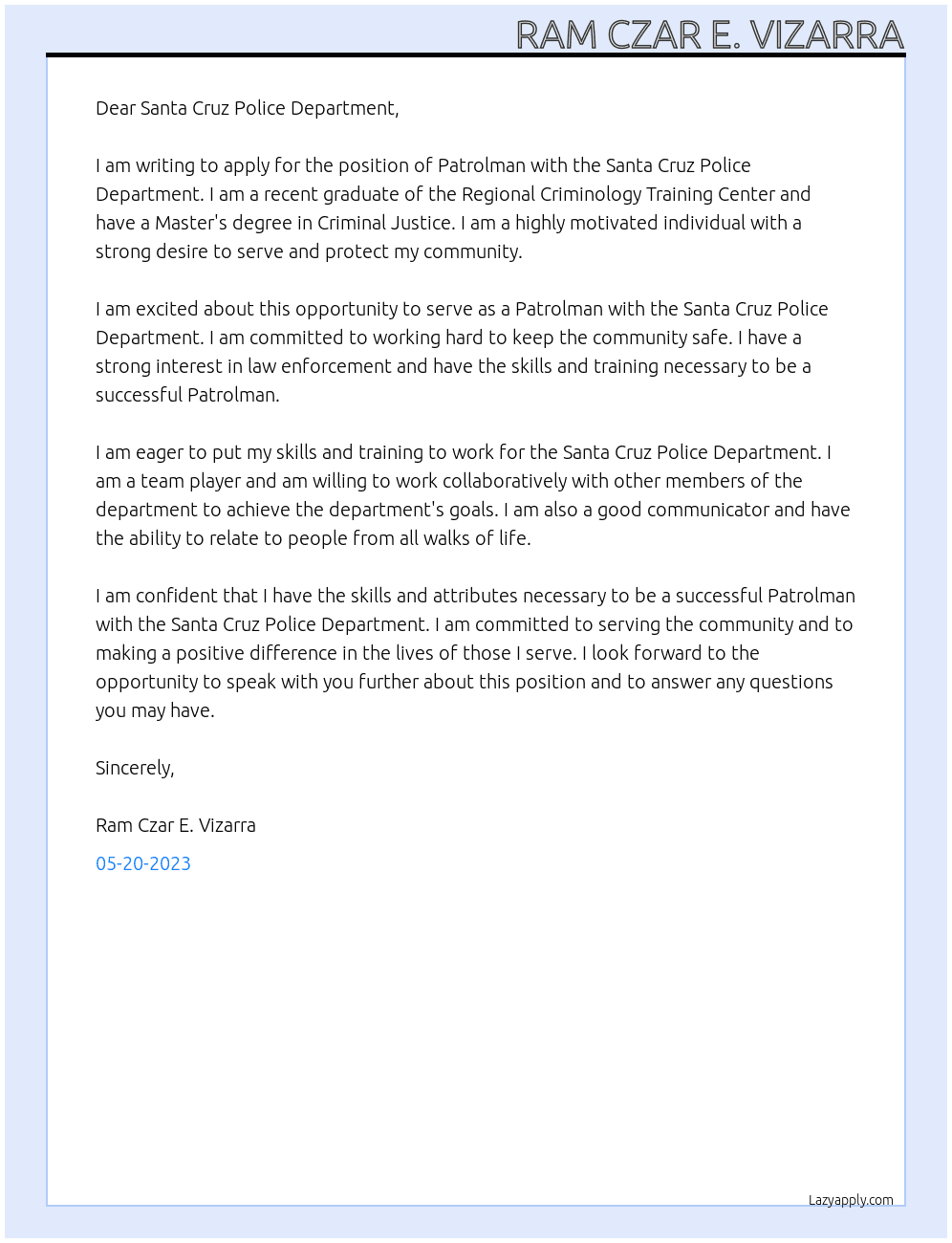 Patrolman PNP At Santa Cruz Police Department Cover Letter