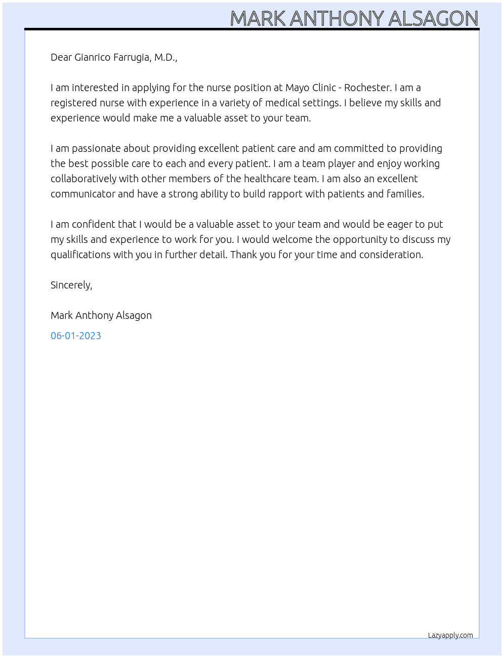 Nurse At Mayo Clinic - Rochester Cover Letter