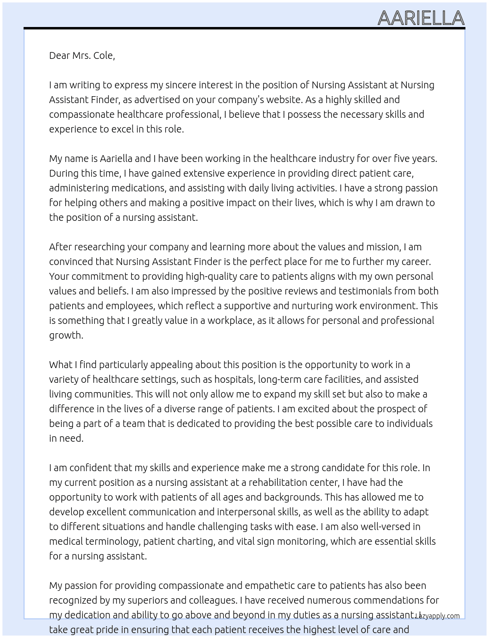 Nursing assistant At nursing assistant finder Cover Letter