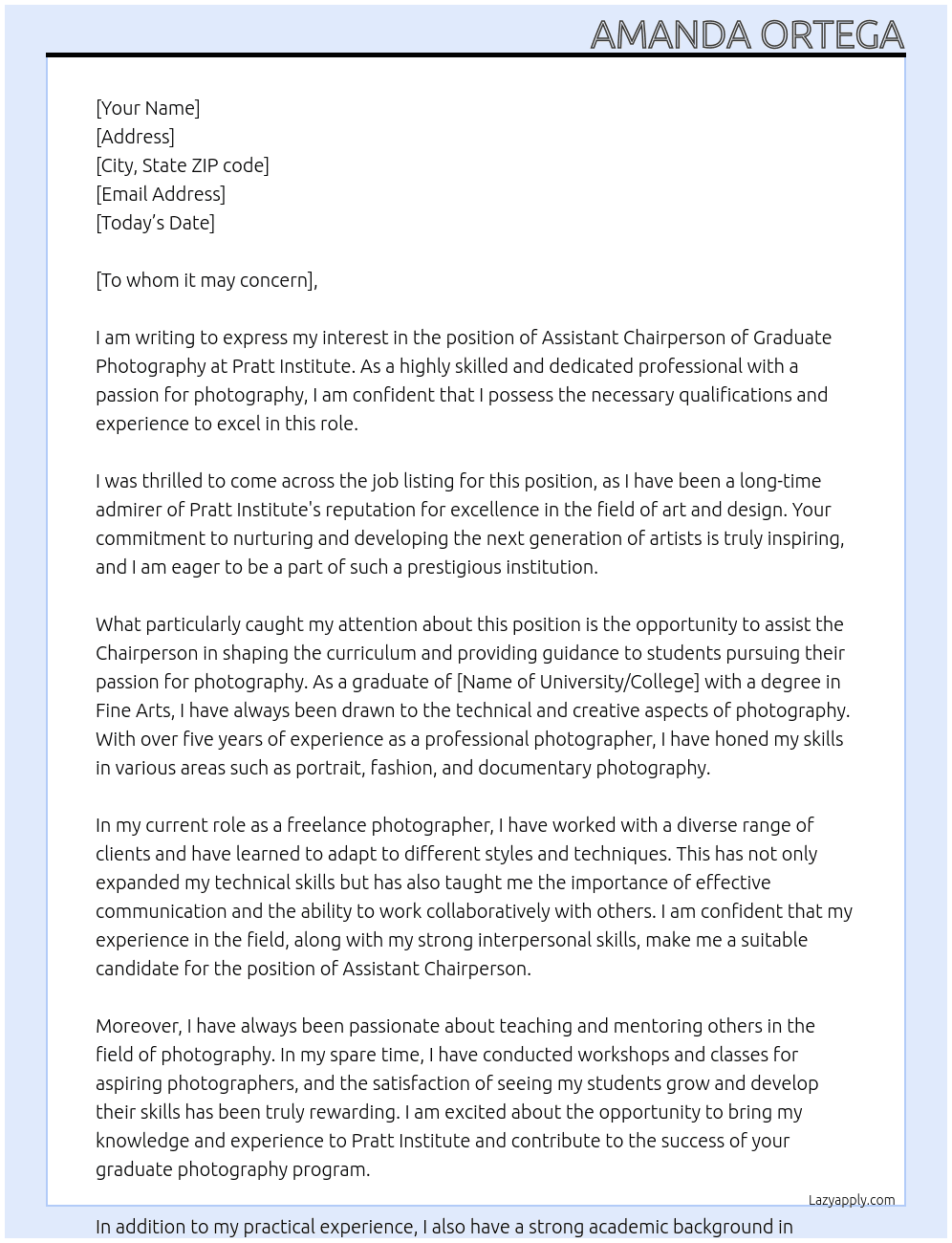 Assistant Chairperson of Graduate Photography At Pratt Institute Cover Letter
