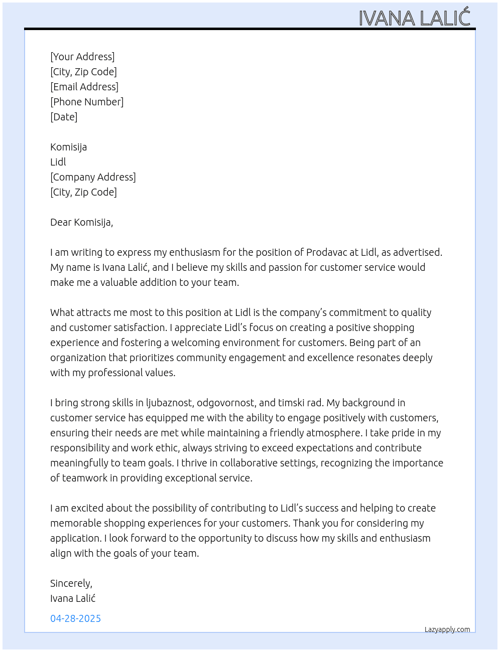 Prodavac u lidlu At Lidl Cover Letter
