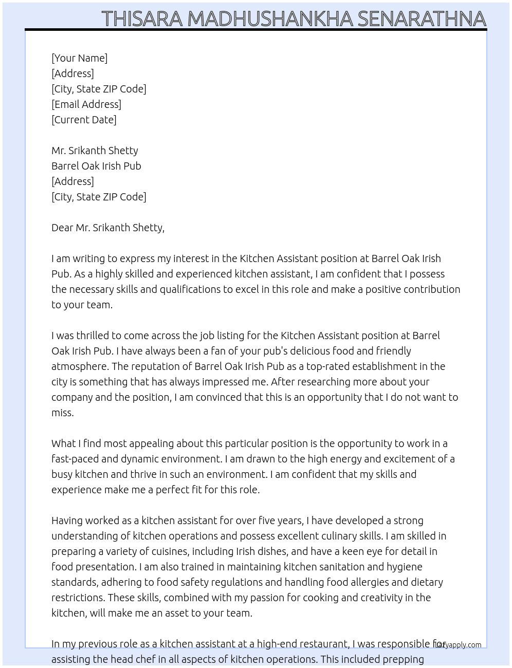 Kitchen Assistant At BARREL OAK IRISH PUB Cover Letter