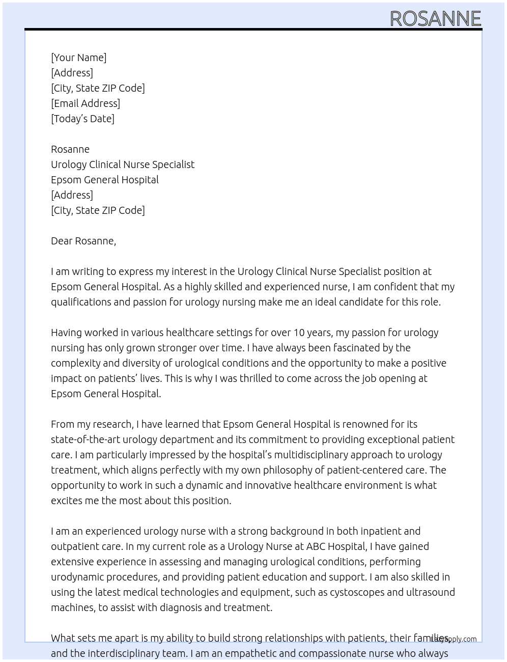 UROLOGY CLINICAL NURSE SPECIALIST At ePSOM GENERAL HOSPITAL Cover Letter