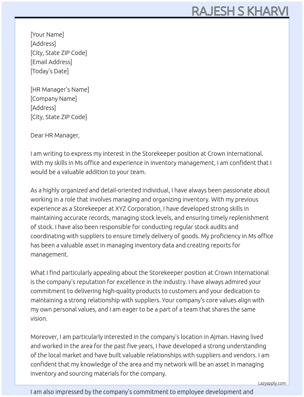 Storekeeper At  Crown International Cover Letter
