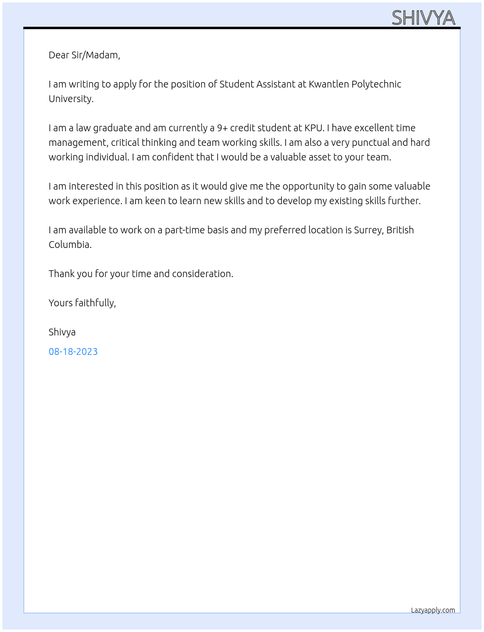 student assistant  At Kwantlen polytechnic University  Cover Letter