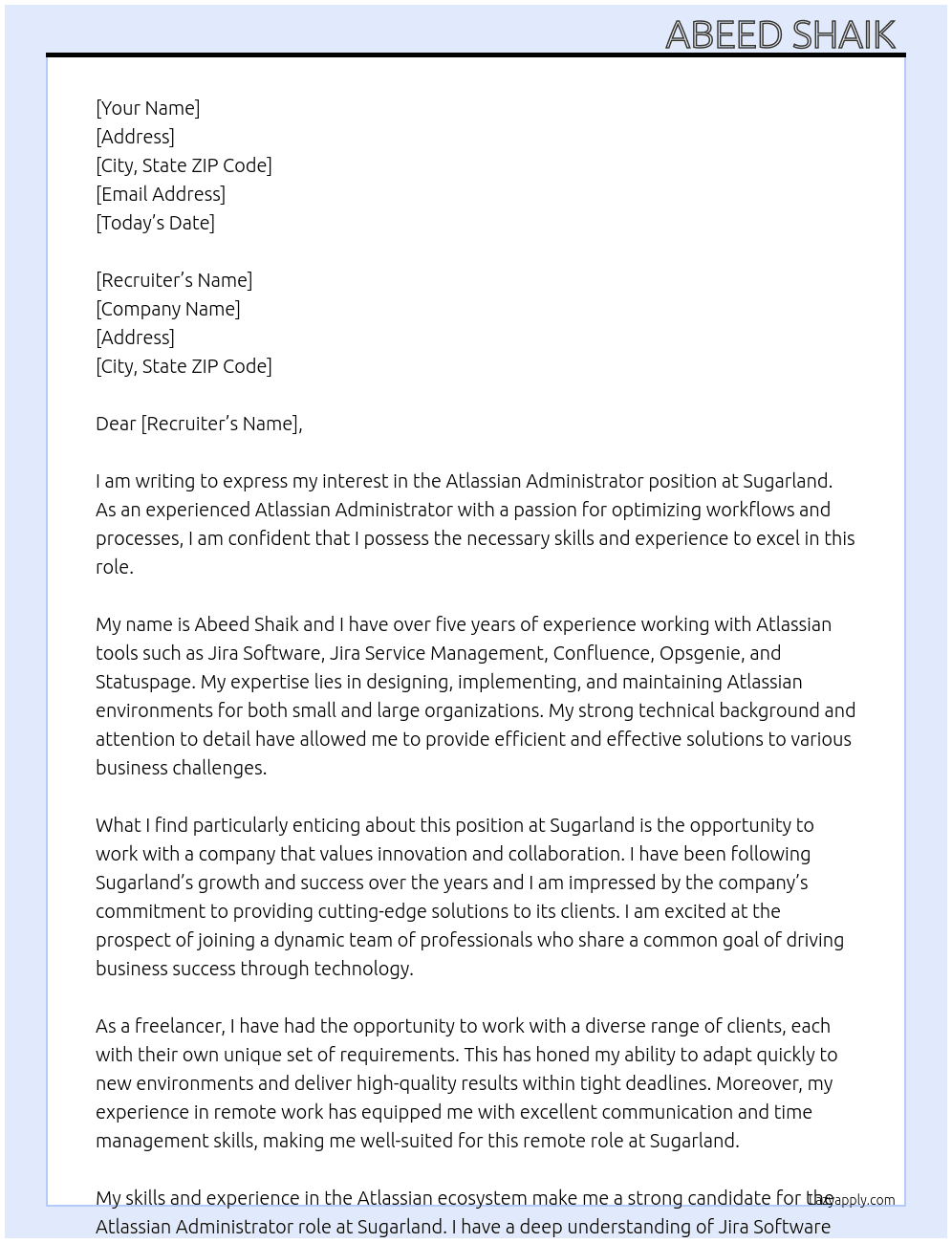 Atlassian Administrator  At Sugarland Cover Letter