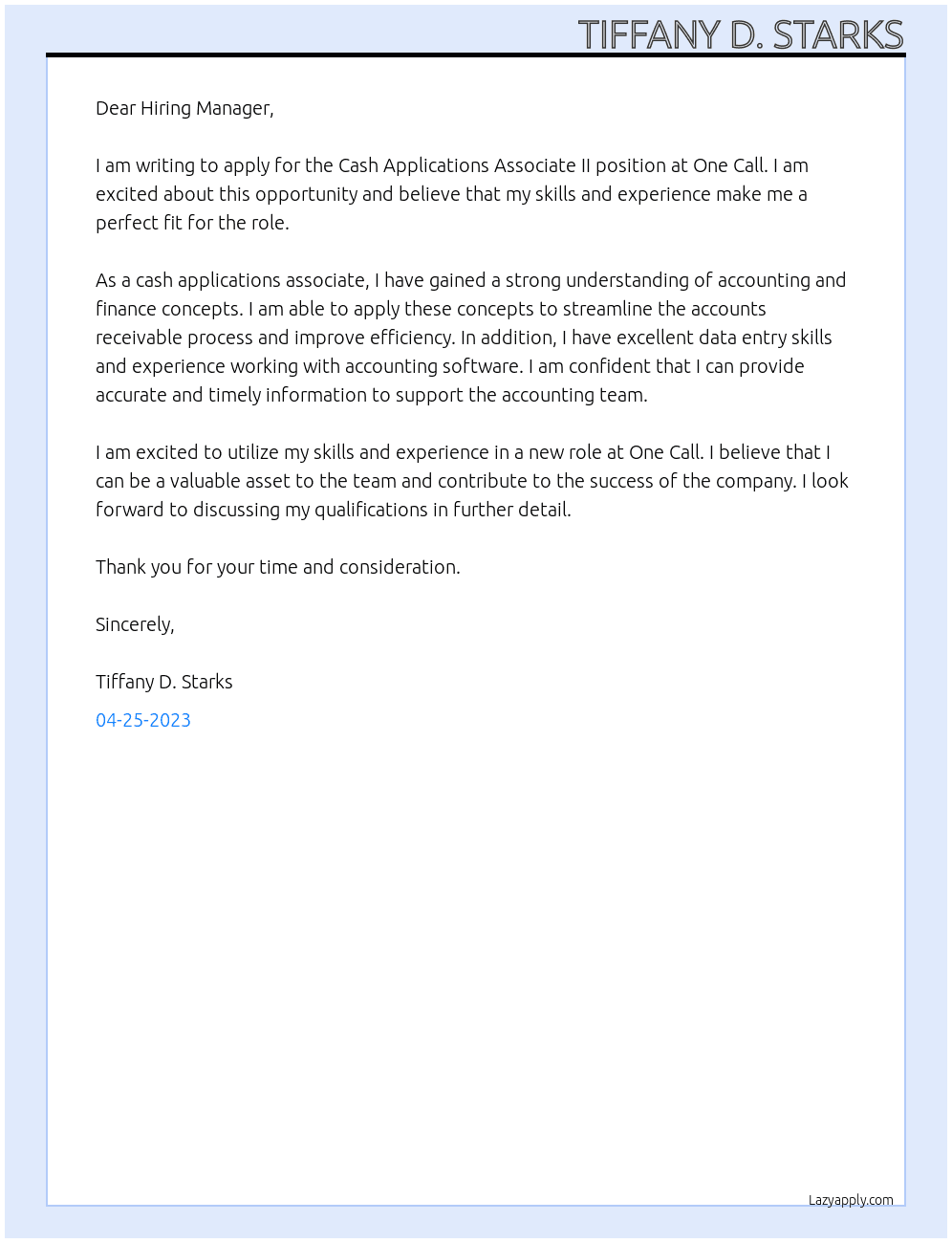 Cash Applications Associate II At One Call Cover Letter