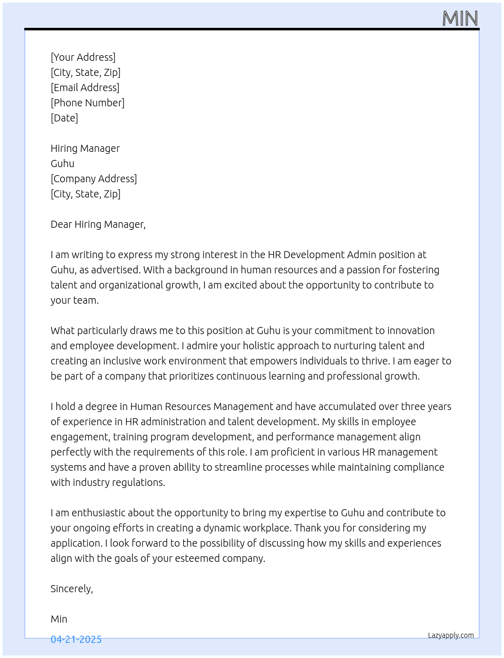 HR Development Admin  At Guhu Cover Letter